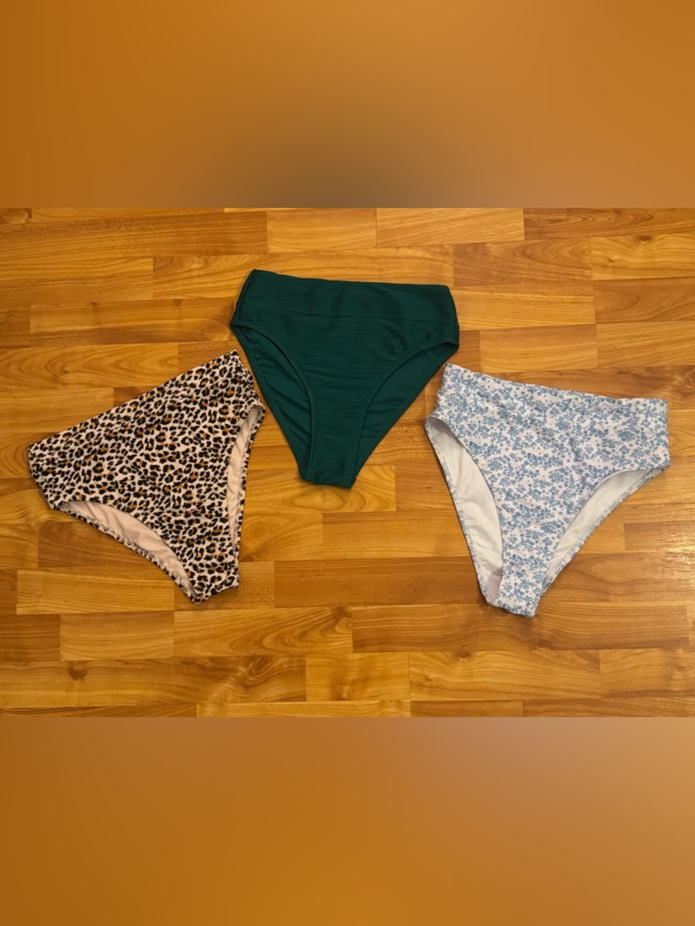 Three High-Waist Bikini Bottoms SMALL Blue Floral, Forest Green, Leopard